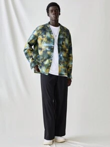 Manfinity VCAY 1 件男士休闲时尚仿扎染长袖编织衬衫，适合年轻人日常穿着 - 綠色 - 查看 6