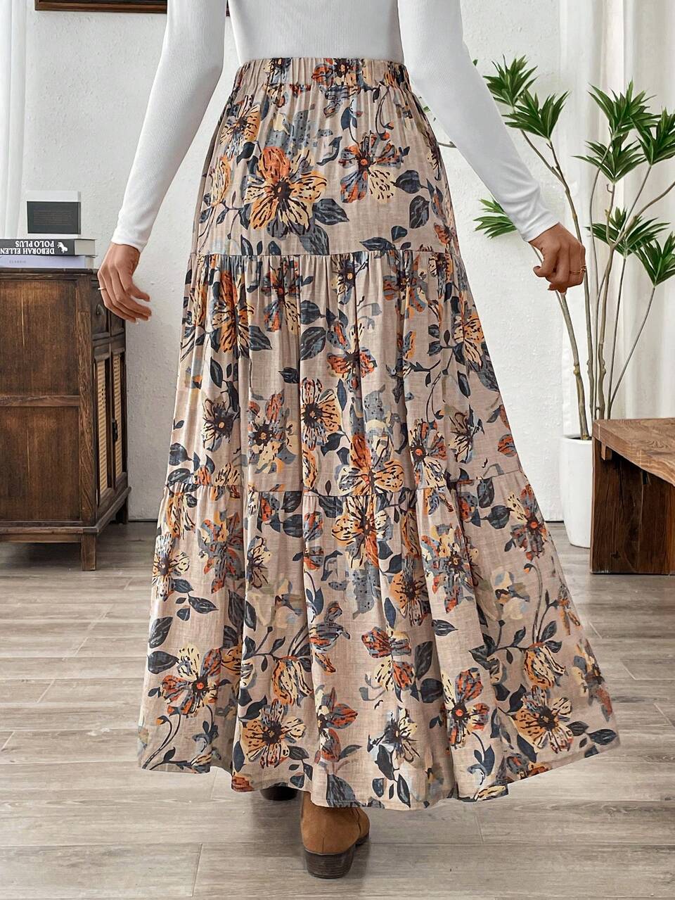 Women's Casual Floral Print Elastic Waist Loose Ruffled Hem Skirt, Autumn