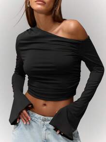 MUSERA Áo croptop tay dài nhún bèo, áo kiểu lệch vai, áo đi nghỉ mát, áo đi chơi, áo dự tiệc, áo mùa xuân hè, áo lễ hội phong cách Boho. - màu đen - Xem 5