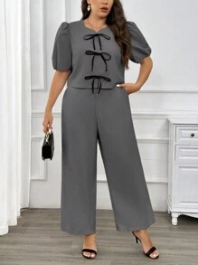 SHEIN Privé 2 件/套大码女式秋季短袖圆领黑色领带蝴蝶结简约而优雅的运动服套装，灰色新学院校园风格 - 灰色 - 查看 1