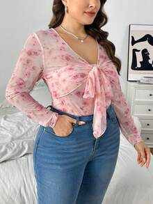 SHEIN Privé Bộ đồ liền thân lưới trong suốt in hoa cỡ lớn cho nữ, trang phục đi biển thanh lịch lãng mạn, phù hợp cho mùa thu/đông - Hồng - Xem 6