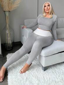 SHEIN SXY Plus Size Women Waist Fold Contrast Color Comfortable Casual Leggings, Autumn/Winter - Grey - View 6