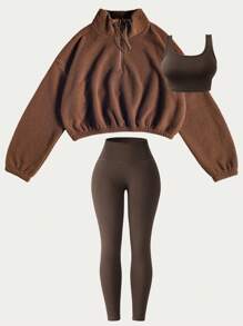 Women's 3PCS Thermal Lined Sports Set, Thermal Tight Vest And Pants For Running, Gym, Fitness & Outdoor Workouts, Autumn/Winter - Coffee Brown - View 5