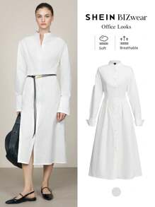 BizChic 女士优雅白衬衫连衣裙，适合通勤，秋冬装，白色前扣长袖连衣裙，圣诞装 - 白色 - 查看 2