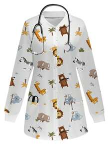 PopScrub Cute Cartoon Zoo Animal Elephant Koala Lion Giraffe Zebra Print Scrub Uniform Jacket - White - View 1