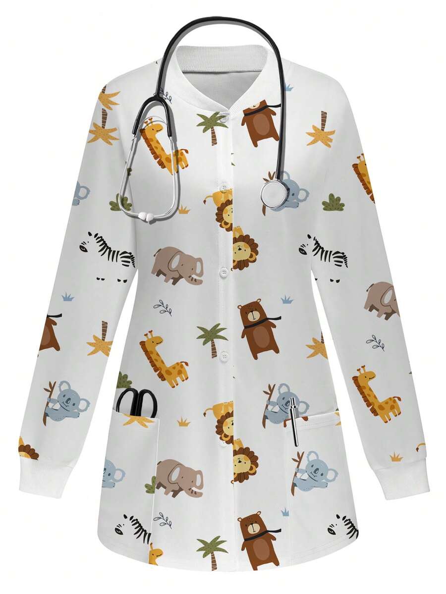 PopScrub Cute Cartoon Zoo Animal Elephant Koala Lion Giraffe Zebra Print Scrub Uniform Jacket - White - View 1