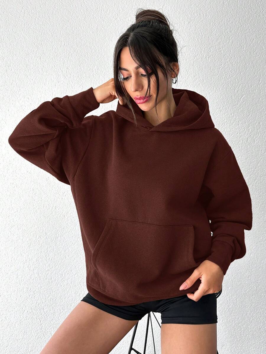 EURMUSE Women's Solid Color Drop Shoulder Long Sleeve Pocket Loose Casual Hoodie - Brown - View 1