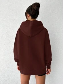 EURMUSE Women's Solid Color Drop Shoulder Long Sleeve Pocket Loose Casual Hoodie - Brown - View 2