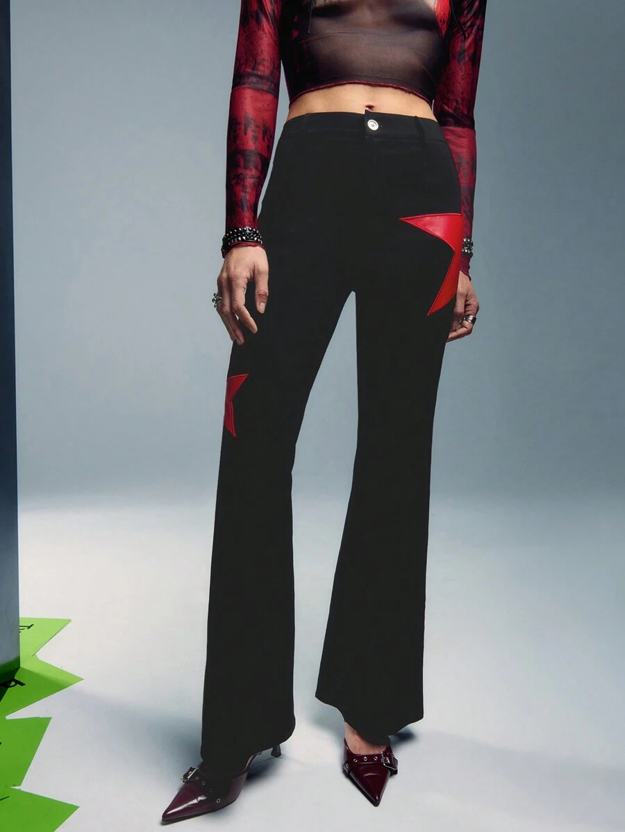 SHEIN Unity Red Star Patch Stretchy Fitted Flare Trousers Fall Cloth For Women - Black - View 1