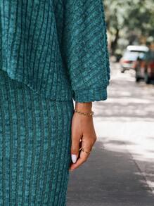 SHEIN LUNE 2 件套女士蝙蝠袖针织上衣和中长裙休闲装 - 水鴨藍 - 查看 3