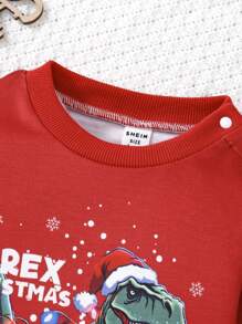 SHEIN 2pcs/Set Baby Boys Christmas Dinosaur Pattern Thermal Lined Sweatshirt And Joggers Set - Burgundy - View 10