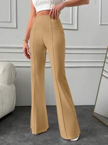 EURMUSE Women High Waist Solid Color Toothpick Striped Design Elegant Flare Pants - Camel - View 5