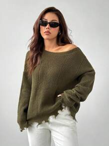 SHEIN PETITE 落肩破洞毛衣 - 軍綠色 - 查看 6