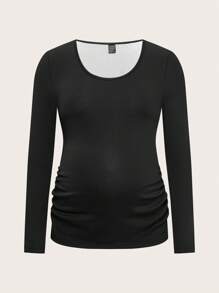 SHEIN 2pcs/Set Maternity Fitted Plush Lining Basic T-Shirt, Black, Autumn/Winter - Black - View 11