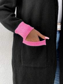SHEIN LUNE Chaqueta informal tipo cárdigan de manga larga con bolsillo tipo canguro, cuello con capucha y ribete de contraste de talla grande