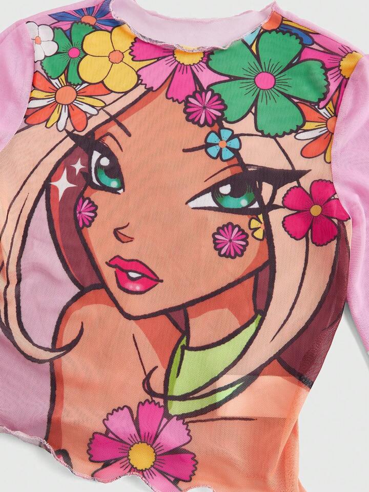 Our Winx Club X ROMWE Women Cartoon Character Print Sheer Fitted