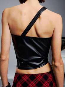 SHEIN Unity Lertter Print Faux PU Asymmetric Bandeau Top With Belted Strap Detail - Black - View 2