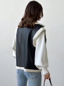 Firerie Elegant & Fashionable Versatile Black Warm Sherpa Fleece Sleeveless PU Vest, Autumn/Winter,Fall And Winter,Casual,Black And White,PU, - Black - View 6