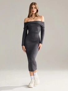 SHEIN x Carly Lawrence SHEIN Unity 女士复古修身露肩紧身连衣裙，性感法式风格 - 灰色 - 查看 6