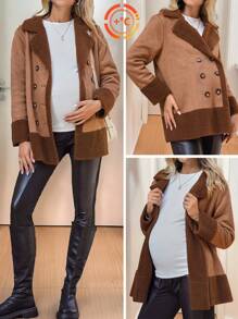 SHEIN Pregnant Women Patchwork Teddy Fleece Double Breasted Faux Suede Jacket, For Maternity, For Winter - Brown - View 6