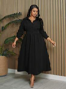 Slaydiva Đầm thường ngày dài tay bó eo màu trơn cỡ lớn cho nữ, mùa thu - màu đen - Xem 6