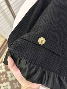 Chiquease Waffle tricô patchwork solto ajuste babado decoração jaqueta feminina, moda outono outerwear - Preto - Ver 7