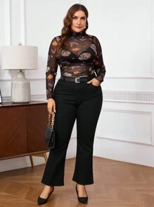 SHEIN Privé Plus Size Women Halloween Pattern Sheer Bodysuit - Multicolor - View 3
