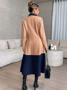 SHEIN Privé Áo khoác trench coat hai hàng khuy phối màu cổ điển, mùa thu - Màu nâu Sô-cô-la - Xem 2