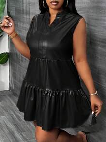 Slaydiva Váy búp bê cổ chữ V xếp lớp màu nâu thanh lịch & dự tiệc & cocktail cỡ lớn không tay bó sát dành cho nữ, chất liệu PU, dài ngắn, xuân/hè - màu đen - Xem 1