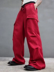 Manfinity Roghcode Men's Simple Front Tie Pocket Design Loose Waisted Casual Long Pants - Red - View 7
