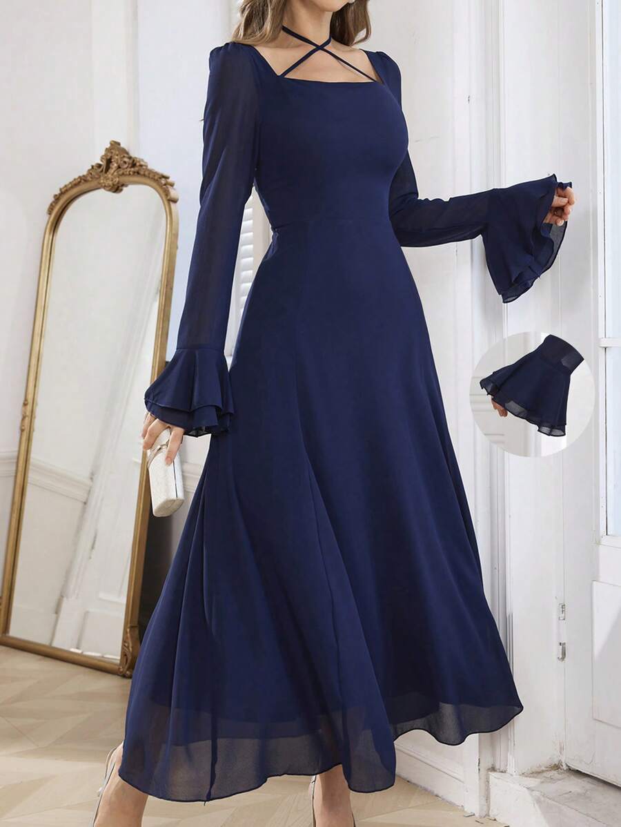Modelyn 1 件女士优雅精致时尚喇叭袖方领海军蓝连衣裙长款女装 - 藏蓝色 - 查看 1