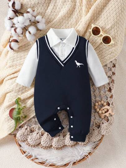 SHEIN Baby Boy Casual Everyday Dinosaur Print 2 In 1 Jumpsuit, Autumn