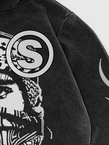 ROMWE MEN Street Life Sudadera con capucha desgastada con ácido y moteada para hombre, estilo de calle retro