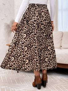EMERY ROSE Women Tie Front Fringe Detail Leopard Print A-Line Casual Skirt - Brown - View 2