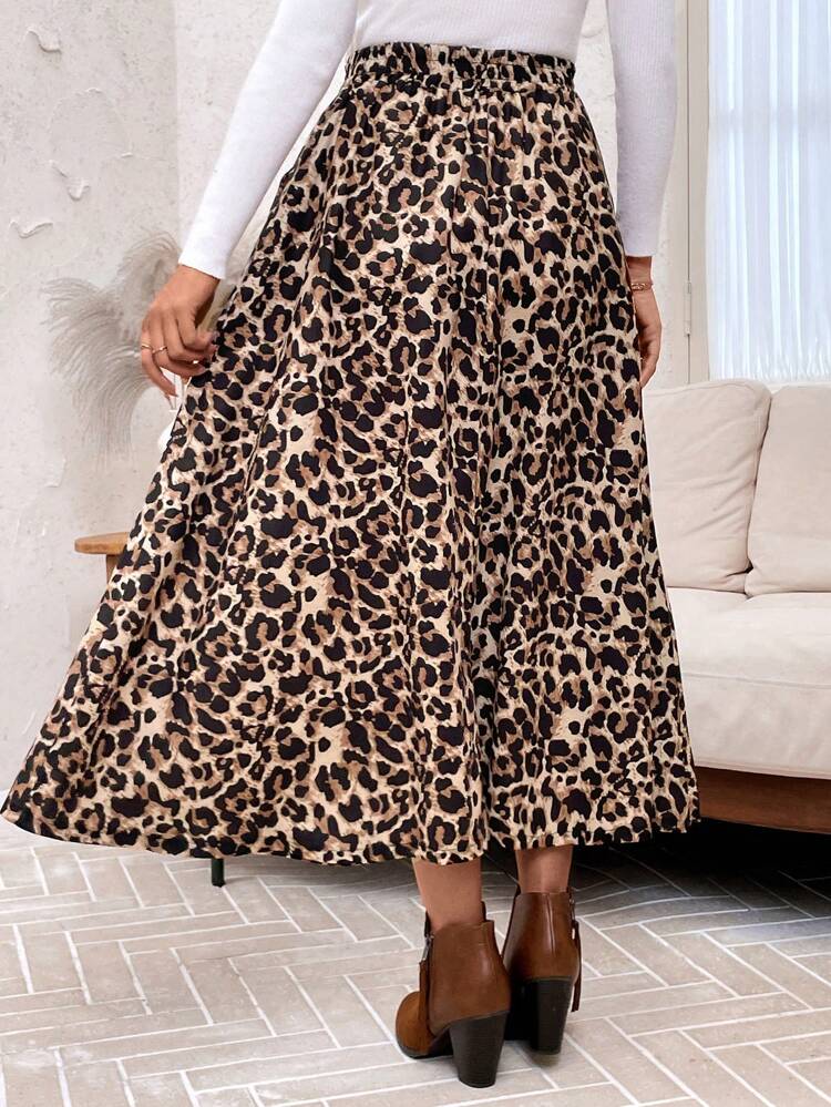 Women Tie Front Fringe Detail Leopard Print A-Line Casual Skirt
