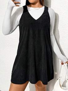 SHEIN Essnce 大码女式秋季万圣节连衣裙，新款时尚休闲通勤商务灯芯绒黑色连衣裙，夏季 - 黑色 - 查看 4