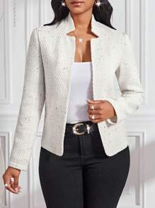 SHEIN Lady 女士纯色开襟西装外套，秋冬季感恩节白色西装外套 - 米色 - 查看 1