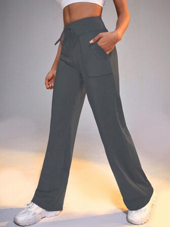 SHEIN Daily&Casual Women's Solid Color Waist Tie Pocket Design Casual Daily Workout Sports Pants