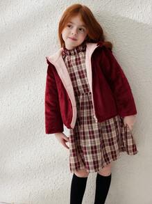 Blossori 年轻女孩法式优雅酒红色蓬松修身拉链连帽衫，秋冬 - 紅色 - 查看 4