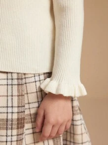 SHEIN 女童纯色荷叶边长袖休闲针织衫，秋冬季 - 白色 - 查看 7