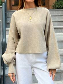 EURMUSE Casual Crew Neck Melange Yarn Drop Shoulder Sweater - Beige - View 2