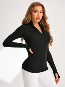 Easithlete 1 件女士拉链口袋瑜伽连帽衫 - 黑色 - 查看 5