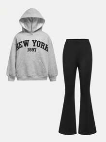 SHEIN Girlism Set de hanorac și pantaloni cu picioare largi pentru fete Tween