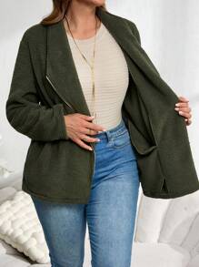 EMERY ROSE 大码秋季曲线感恩节女士毛绒纯色前拉链长袖休闲外套 - 橄欖綠 - 查看 8