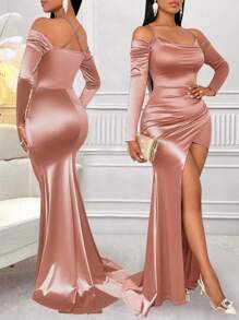 Zolique 女士纯色露肩长袖开衩下摆缎面连衣裙、圣诞派对礼服、圣诞服装、圣诞女装、节日派对礼服、女士生日服装、新年前夜礼服、生日礼服超长女士服装 - 粉色 - 查看 1