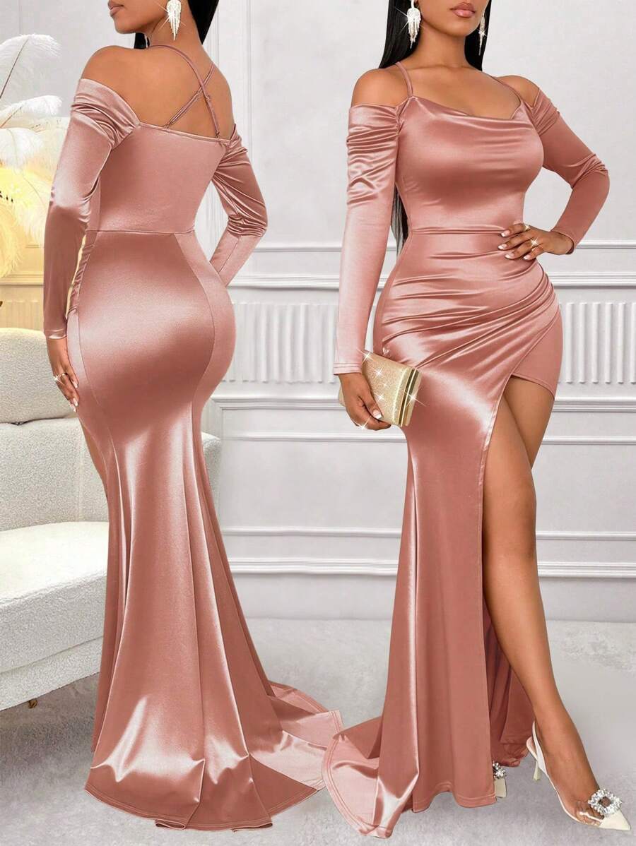 Zolique 女士纯色露肩长袖开衩下摆缎面连衣裙、圣诞派对礼服、圣诞服装、圣诞女装、节日派对礼服、女士生日服装、新年前夜礼服、生日礼服超长女士服装 - 粉色 - 查看 1