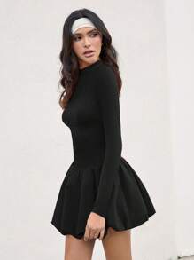 COSMINA Women's Solid Color Stand Collar Long Sleeve Lantern Hem Fashion Mini Dress, Autumn