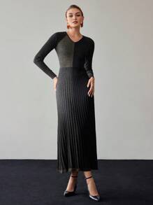 Women's Autumn Color Block V-Neck Long Sleeve Fitted Elegant Sweater Dress