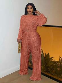 Slaydiva 舒适初秋百褶长袖泡泡袖直筒裤宽松大码2件套，适合初秋 - 紅木色 - 查看 4