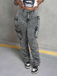 Slaydiva Plus-Size Women's Grey Multi-Pocket Jeans, Sexy Tight-Fitting Stretch Flared Jeans, Street Style Y2K, Christmas. - Black - View 5